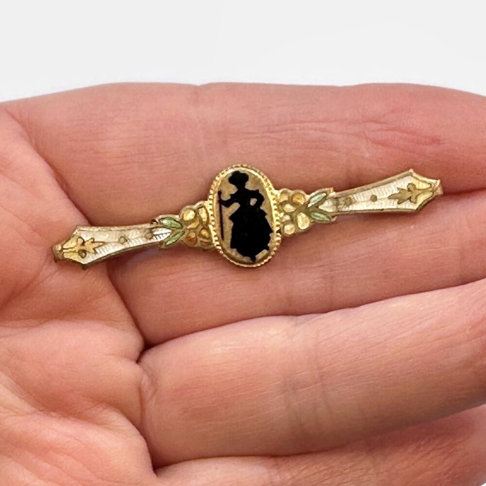 Silhouette Brooch, Guilloche, Enamel, Victorian, Gold, Black, White, Vintage